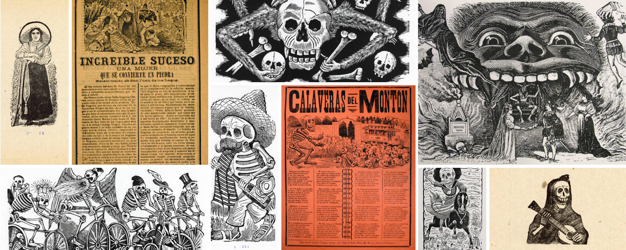 Collage of nine different images from the GVSU Art Museum Collection that showcase prints by artist Jose Guadalupe Posada
